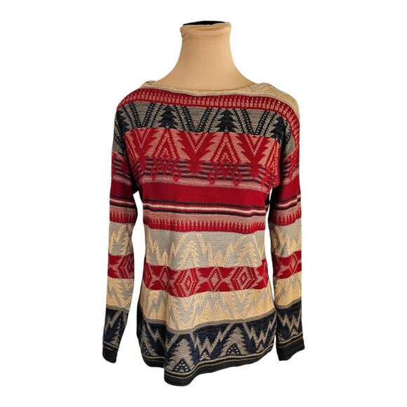 Lauren Ralph Lauren Red Grey Black Tan Patterned Knit Long Sleeve Sz XS - Picture 1 of 7
